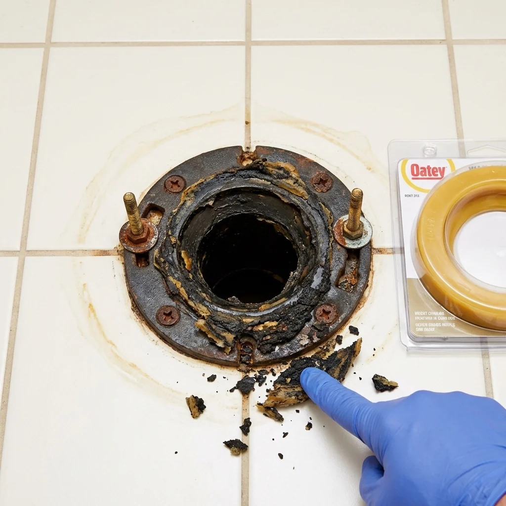 Failed wax ring showing water seepage at the base of a toilet in a Northfield, OH home