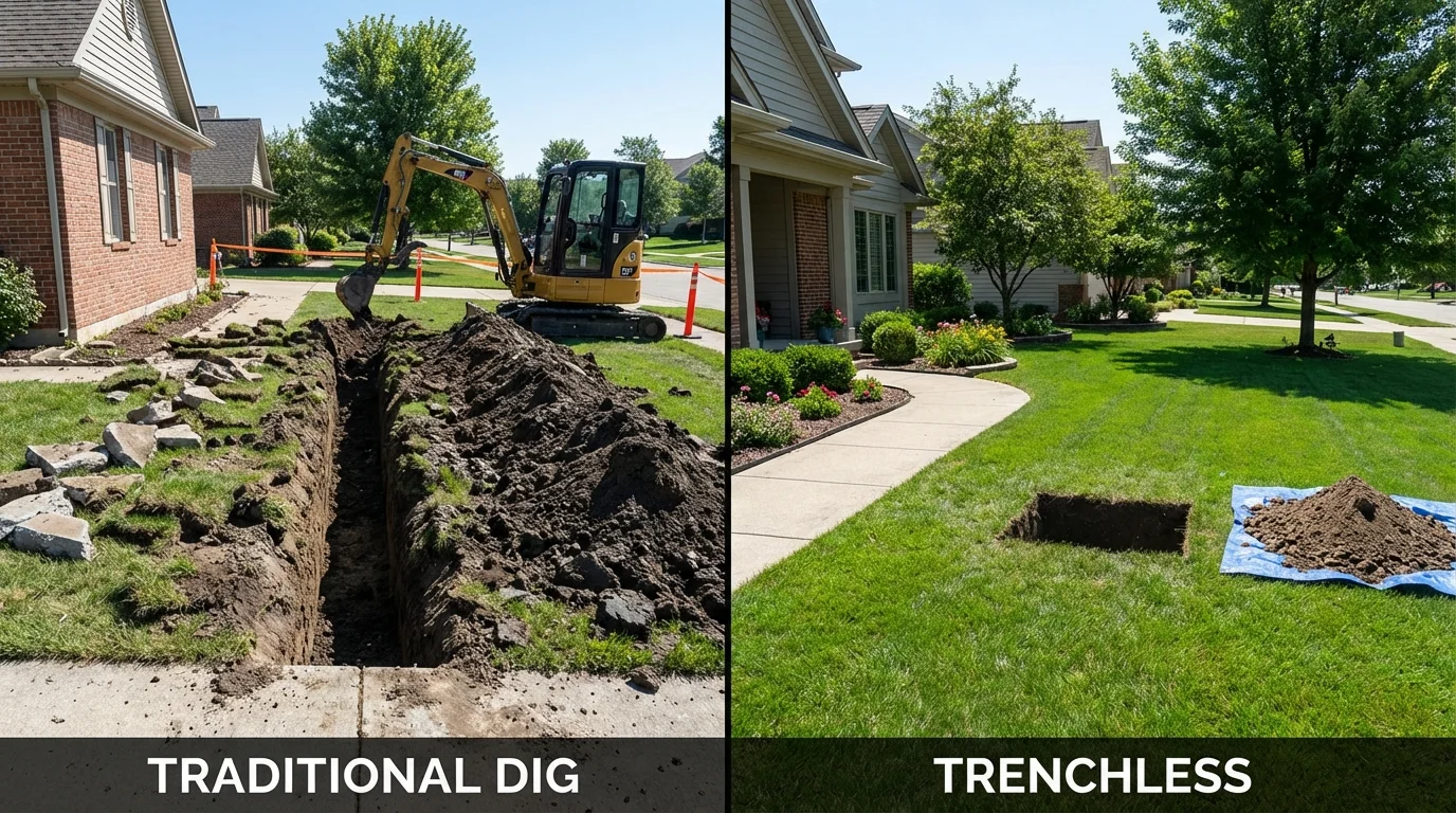 Trenchless sewer repair with minimal yard damage versus traditional excavation in Northfield, OH